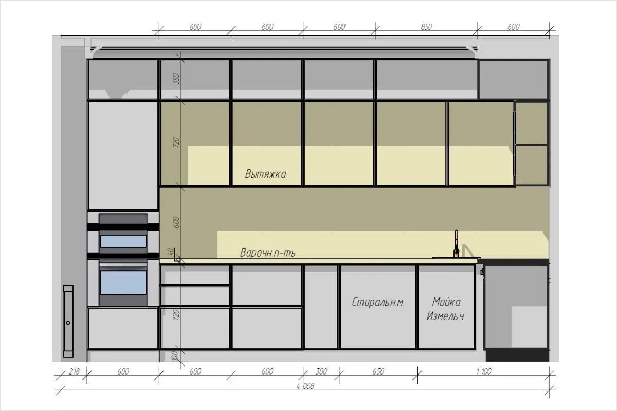 Схема кухонного гарнитура для планирования розеток для техники - фото линейной модели